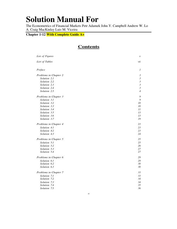 Solution Manual For The Econometrics of Financial Markets Petr Adamek John Y. Campbell Andrew W. Lo A. Craig MacKinlay Luis M. Viceira Chapter 1-12 | Complete 100% A+ Guide