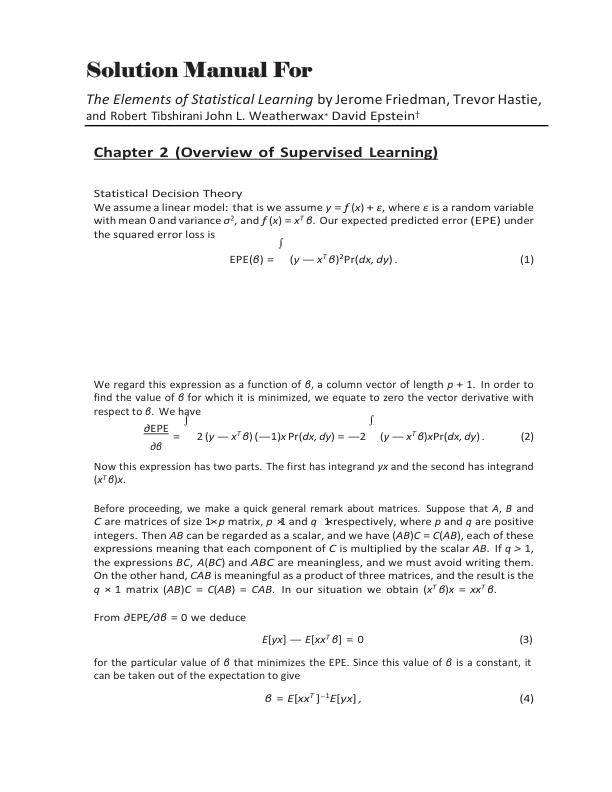 Solution Manual for The Elements of Statistical Learning by Friedman, Hastie & Tibshirani (Solutions by John L. Weatherwax & David Epstein) Chapter 1-15 | With Appendix Complete 100% A+ Guide