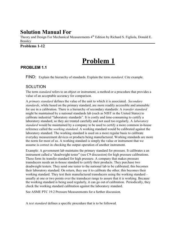 Solution Manual For Theory and Design For Mechanical Measurements 4th Edition by Richard S. Figliola, Donald E. Beasley Problems 1-12 | Complete 100% A+ Guide