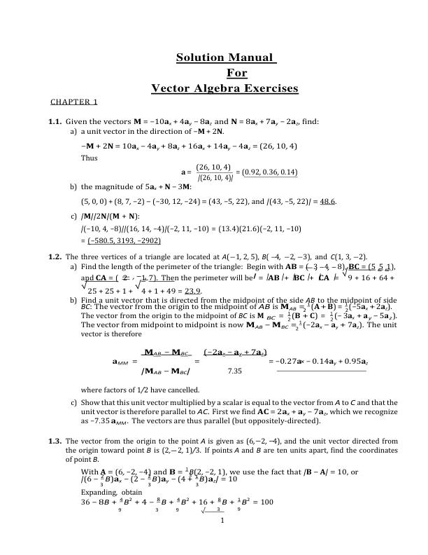 Solution Manual For Vector Algebra Exercises Chapter 1-14 | Complete 100%A+ Guide