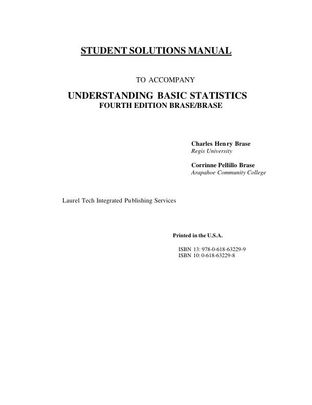 Solution Manual For Understanding Basic Statistics 4th Edition by Charles Henry Brase, Corrinne Pellillo Brase | Chapter 1-11