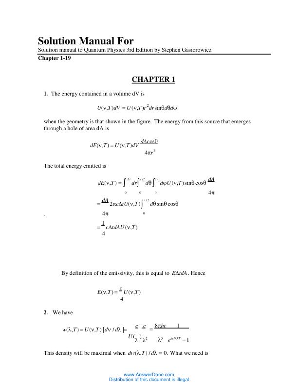 Solution Manual to Quantum Physics 3rd Edition by Stephen Gasiorowicz Chapter 1-19