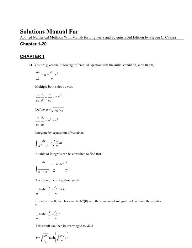 Solutions Manual For Applied Numerical Methods With Matlab for Engineers and Scientists 3rd Edition by Steven C. Chapra Chapter 1-20 | With Complete Solution A+ Guide 