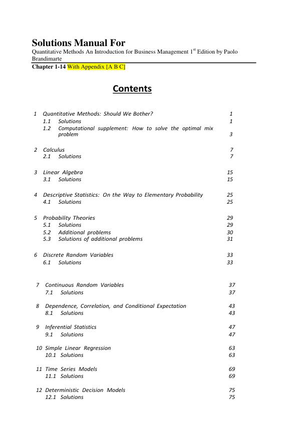 Solutions Manual For Quantitative Methods An Introduction for Business Management 1st Edition by Paolo Brandimarte Chapter 1-14 With Appendix [A B C]