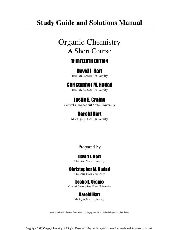 Study Guide with Solution Manual For Organic Chemistry a Short Course 13th Edition by David J. Hart, Christopher M. Hadad Leslie E. Craine, Harold Ha | Chapter 1-18