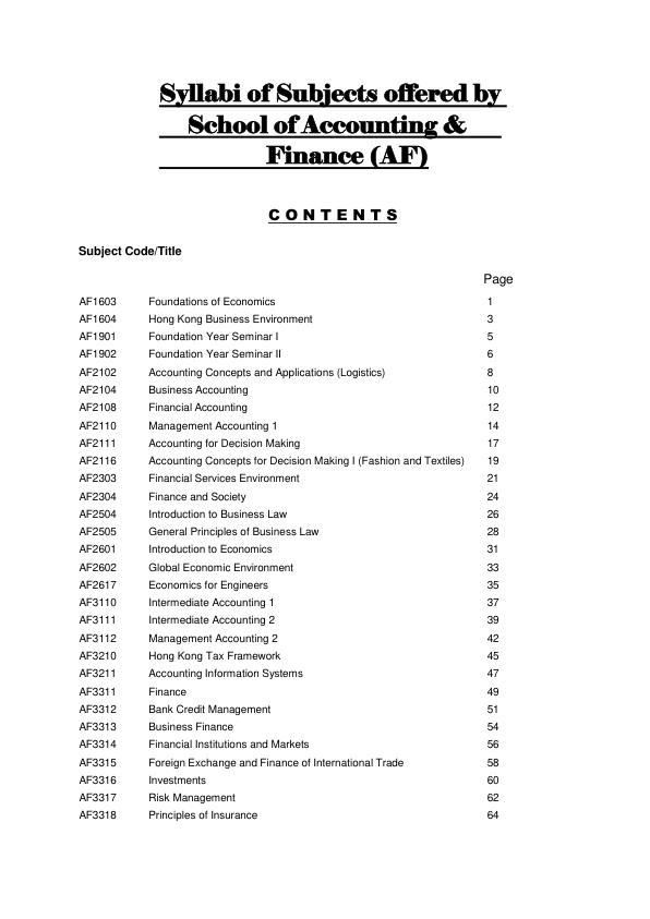 Syllabi of Subjects offered by School of Accounting & Finance (AF)