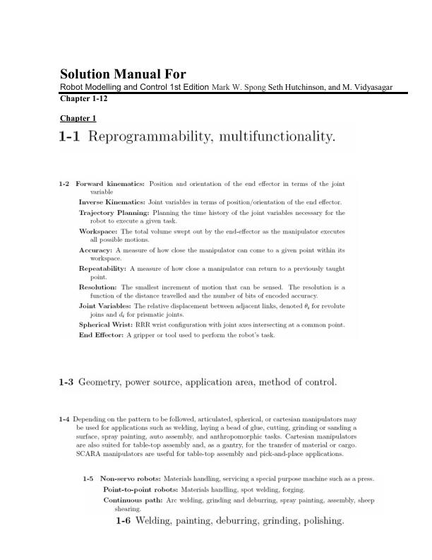 Solution Manual For Robot Modelling and Control 1st Edition by Mark W. Spong Seth Hutchinson, and M. Vidyasagar Chapter 1-12 | With Complete Solution Guide A+