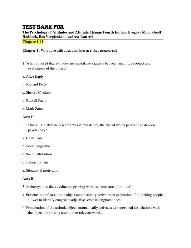 Test Bank for The Psychology of Attitudes and Attitude Change Fourth Edition Gregory Maio, Geoff Haddock, Bas Verplanken, Andrew Luttrell