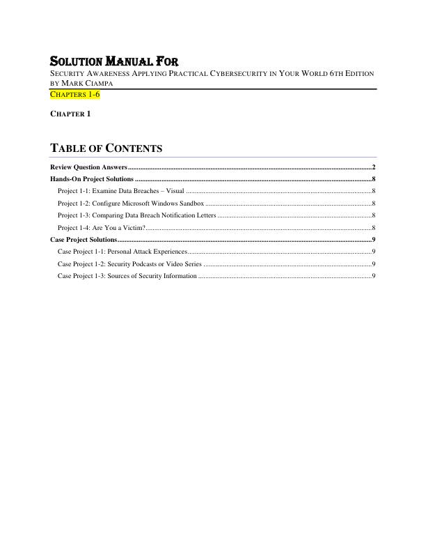 Solution Manual For  Security Awareness Applying Practical Cybersecurity in Your World 6th Edition by Mark Ciampa