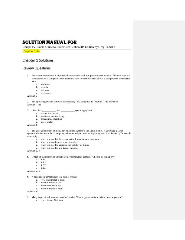 Solution Manual For CompTIA Linux+ Guide to Linux Certification 4th Edition by Greg Tomsho