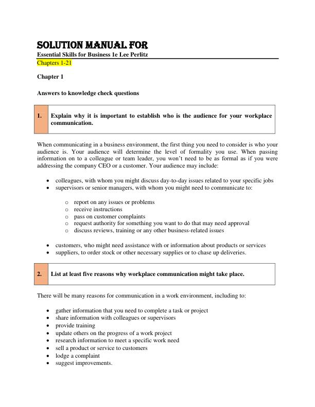 Solution Manual For  Essential Skills for Business 1e Lee Perlitz
