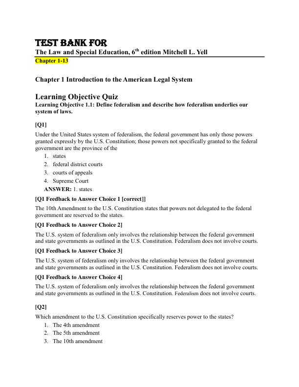 Test Bank for The Law and Special Education, 6th edition Mitchell L. Yell