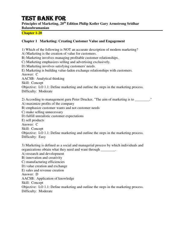 Test Bank for Principles of Marketing, 20th edition Philip Kotler  Gary Armstrong  Sridhar Balasubramanian