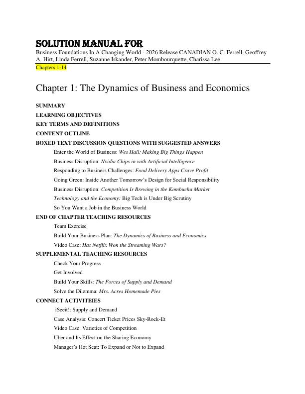 Solution Manual For  Business Foundations In A Changing World - 2026 Release CANADIAN O. C. Ferrell, Geoffrey A. Hirt, Linda Ferrell, Suzanne Iskander, Peter Mombourquette, Charissa Lee