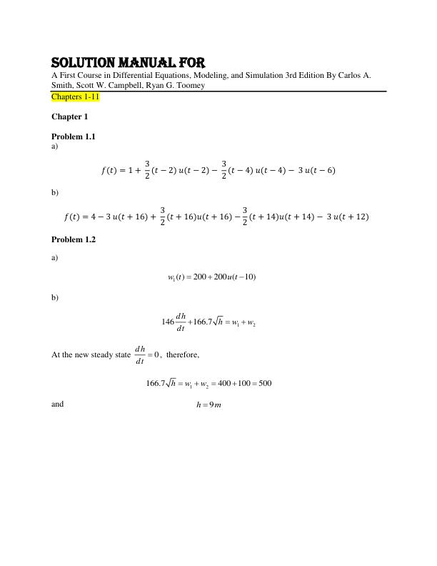 Solution Manual For A First Course in Differential Equations, Modeling, and Simulation 3rd Edition By Carlos A. Smith, Scott W. Campbell, Ryan G. Toomey
