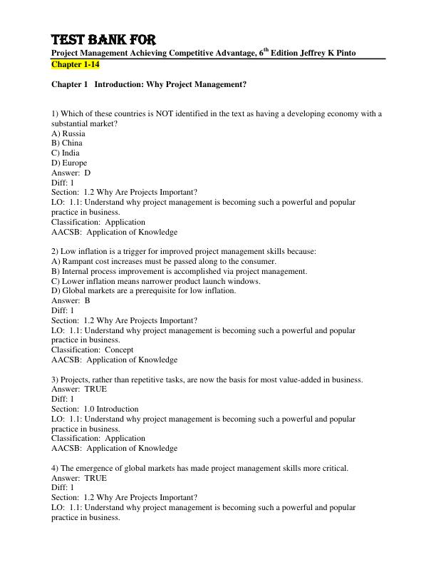 Test Bank for Project Management Achieving Competitive Advantage, 6th edition Jeffrey K Pinto Chapter 1-14
