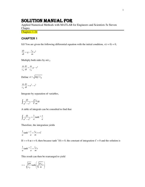 Solution Manual For Applied Numerical Methods with MATLAB for Engineers and Scientists 5e Steven Chapra