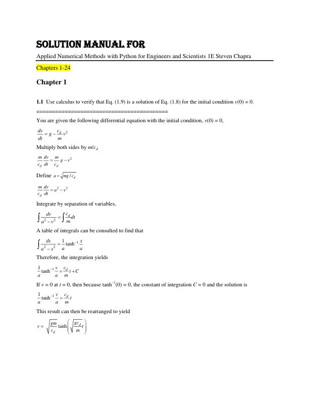 Solution Manual For Applied Numerical Methods with Python for Engineers and Scientists 1E Steven Chapra