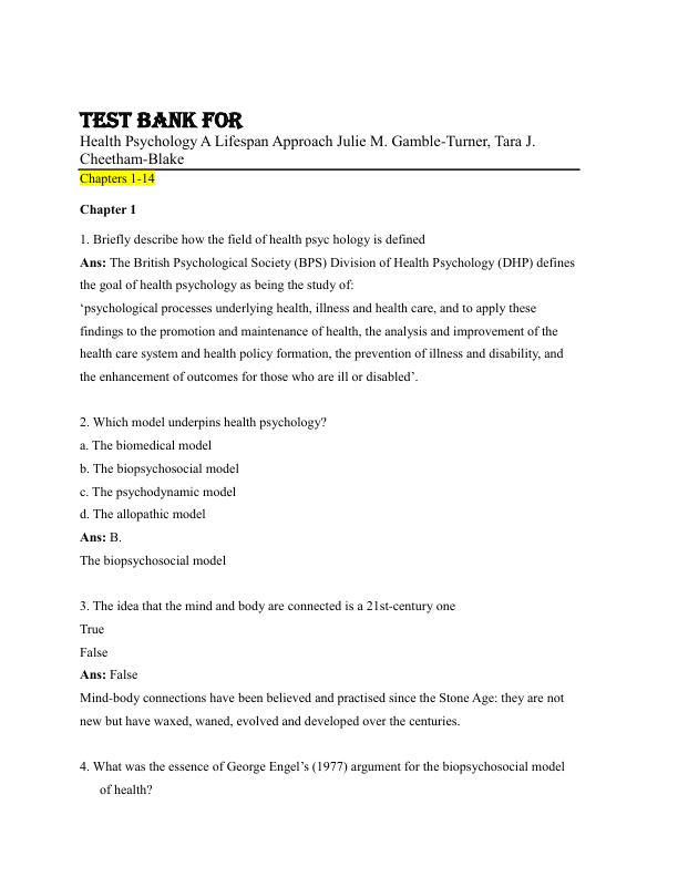 Test Bank For Health Psychology A Lifespan Approach Julie M. Gamble-Turner, Tara J. Cheetham-Blake