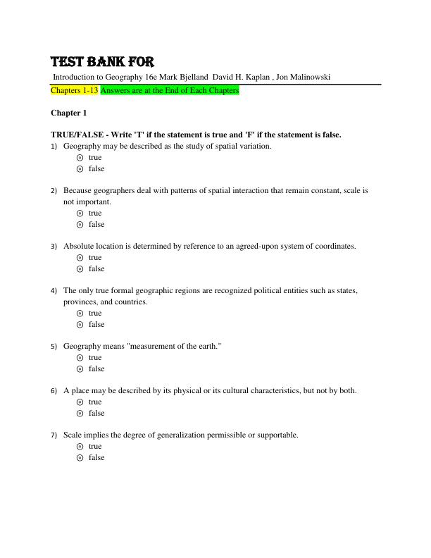 Test Bank For Introduction to Geography 16e Mark Bjelland  David H. Kaplan , Jon Malinowski