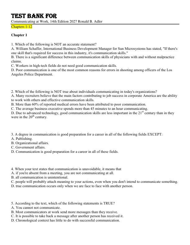 Test Bank For Communicating at Work, 14th Edition 2027  Ronald B. Adler