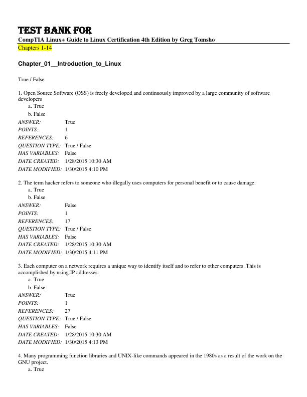 Test Bank For  CompTIA Linux+ Guide to Linux Certification 4th Edition by Greg Tomsho