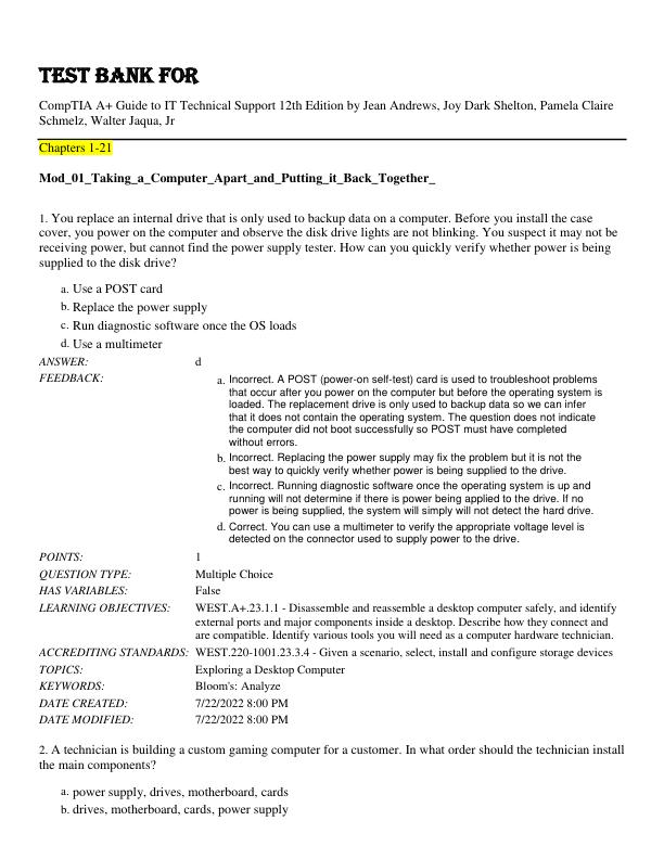 Test Bank For CompTIA A+ Guide to IT Technical Support 12th Edition by Jean Andrews, Joy Dark Shelton, Pamela Claire Schmelz, Walter Jaqua, Jr