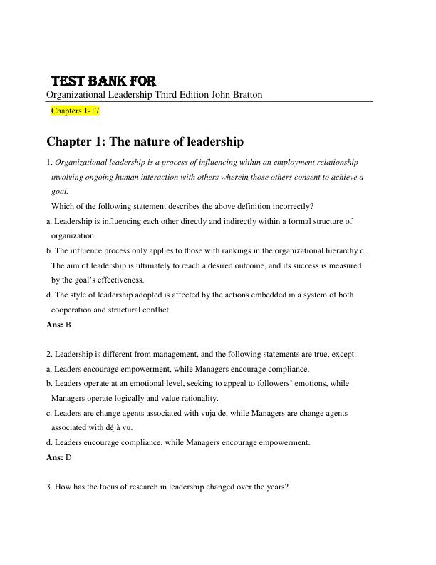 Test Bank For Organizational Leadership Third Edition John Bratton