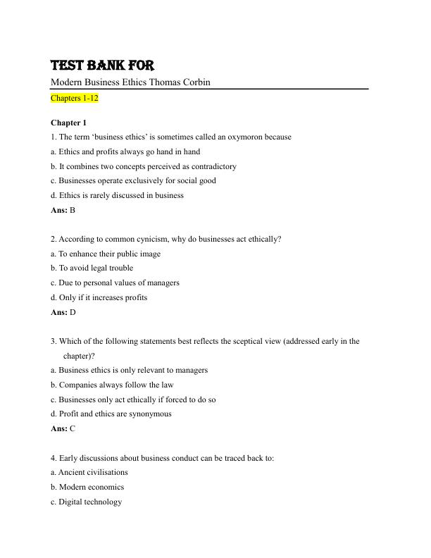 Test Bank For Modern Business Ethics Thomas Corbin
