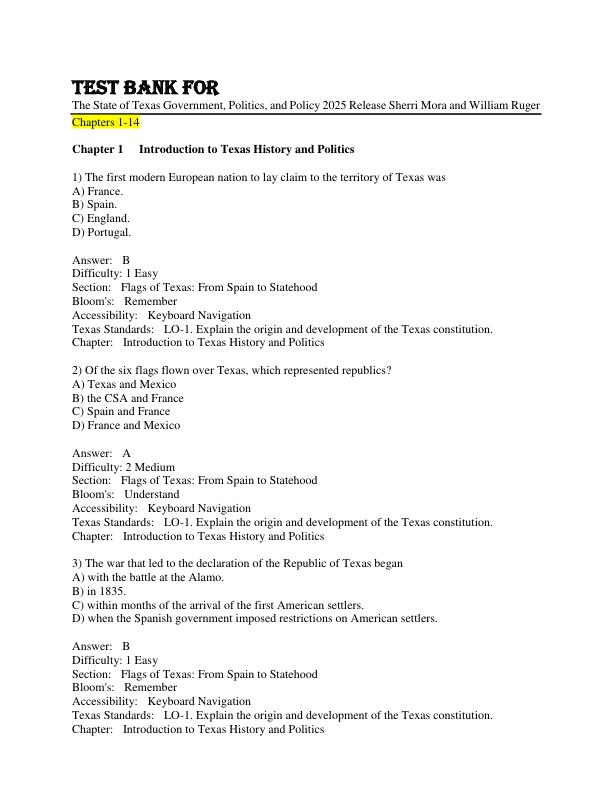 Test Bank For The State of Texas Government, Politics, and Policy 2025 Release Sherri Mora and William Ruger