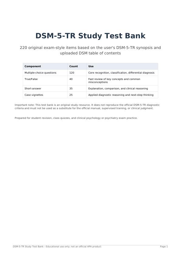 Complete Test Bank DSM-5-TR Study Guide with 220+ Questions - Diagnostic & Statistical Manual of Mental Disorders Fifth Edition, Text Revision (Instant Download PDF)