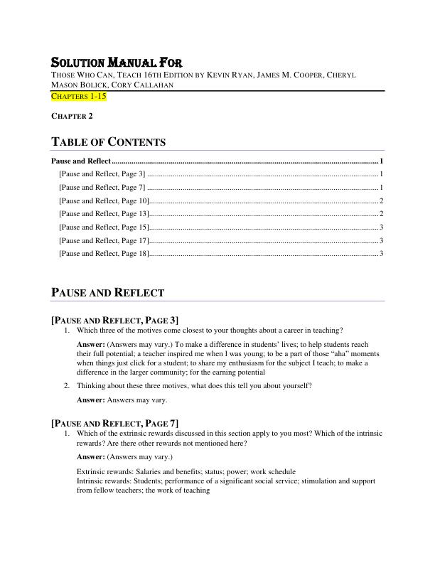 Solution Manual For Those Who Can, Teach 16th Edition by Kevin Ryan, James M. Cooper, Cheryl Mason Bolick, Cory Callahan