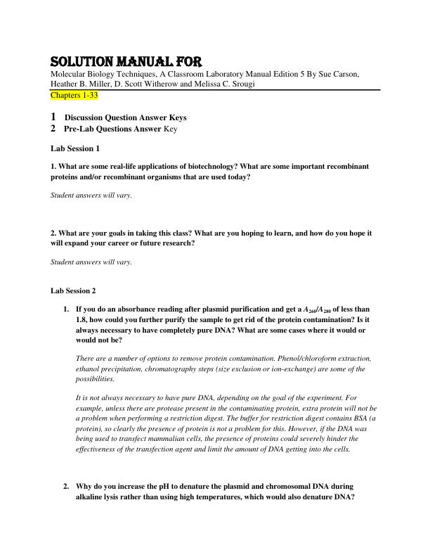 Solution Manual For Molecular Biology Techniques, A Classroom Laboratory Manual Edition 5 By Sue Carson, Heather B. Miller, D. Scott Witherow and Melissa C. Srougi
