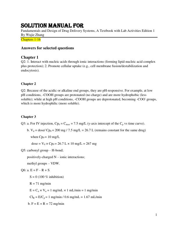 Solution Manual For Fundamentals and Design of Drug Delivery Systems, A Textbook with Lab Activities Edition 1 By Wujie Zhang