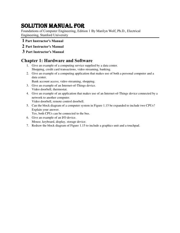 Solution Manual For Foundations of Computer Engineering, Edition 1 By Marilyn Wolf, Ph.D., Electrical Engineering, Stanford University