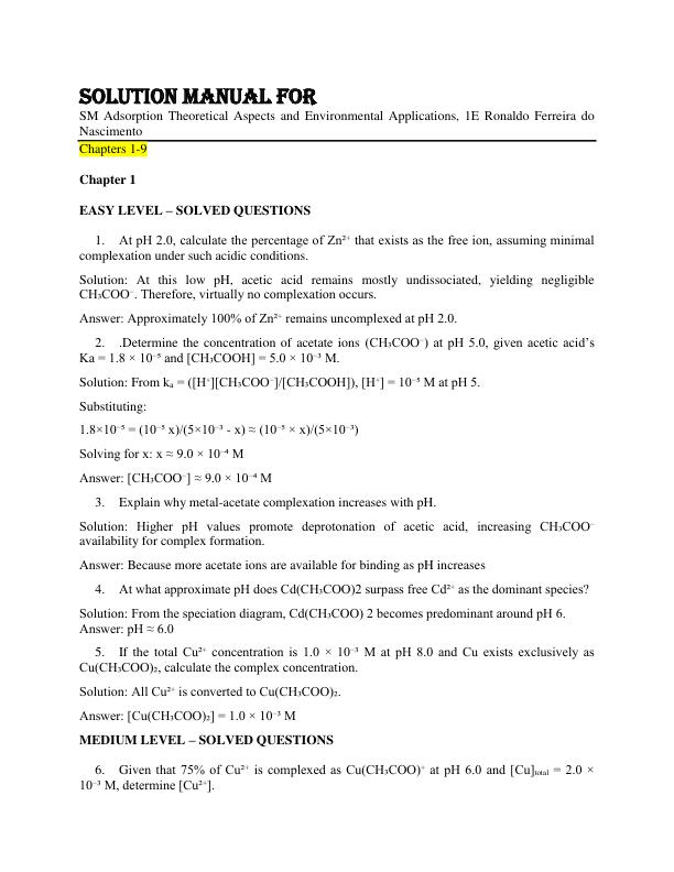 Solution Manual For Adsorption Theoretical Aspects and Environmental Applications, 1E Ronaldo Ferreira do Nascimento