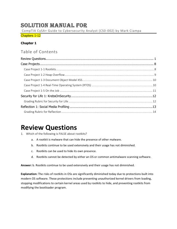 Solution Manual For CompTIA CySA+ Guide to Cybersecurity Analyst (CS0-002) by Mark Ciampa