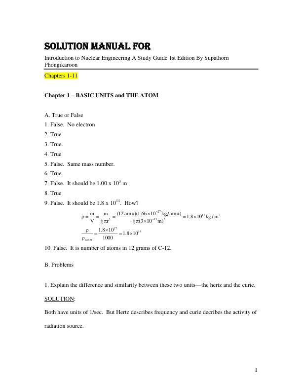 Solution Manual For Introduction to Nuclear Engineering A Study Guide 1st Edition By Supathorn Phongikaroon