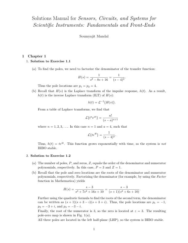 Solution Manual For Sensors, Circuits, and Systems for Scientific Instruments, Back-Ends and Applications Edition 1 By Soumyajit Mandal