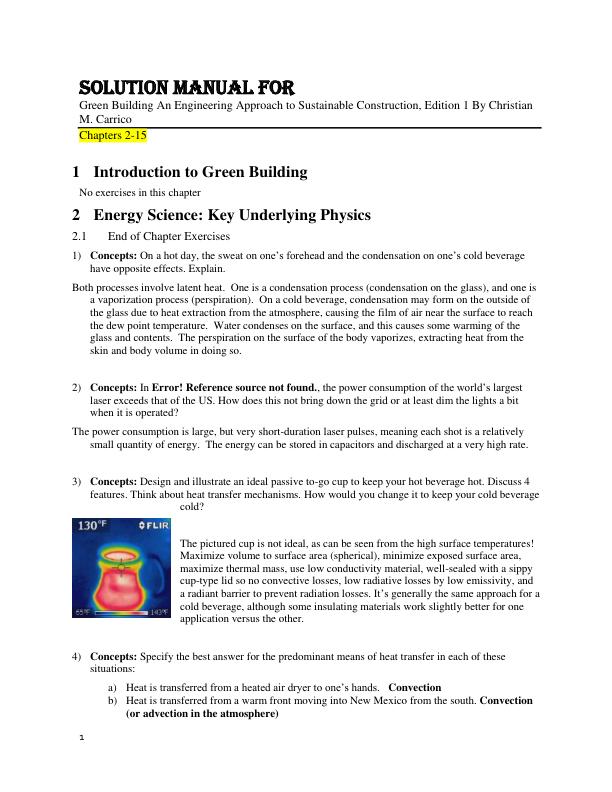 Solution Manual For Green Building An Engineering Approach to Sustainable Construction, Edition 1 By Christian M. Carrico