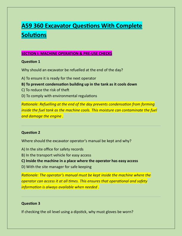 A59 360 Excavator Questions With Complete Solutions