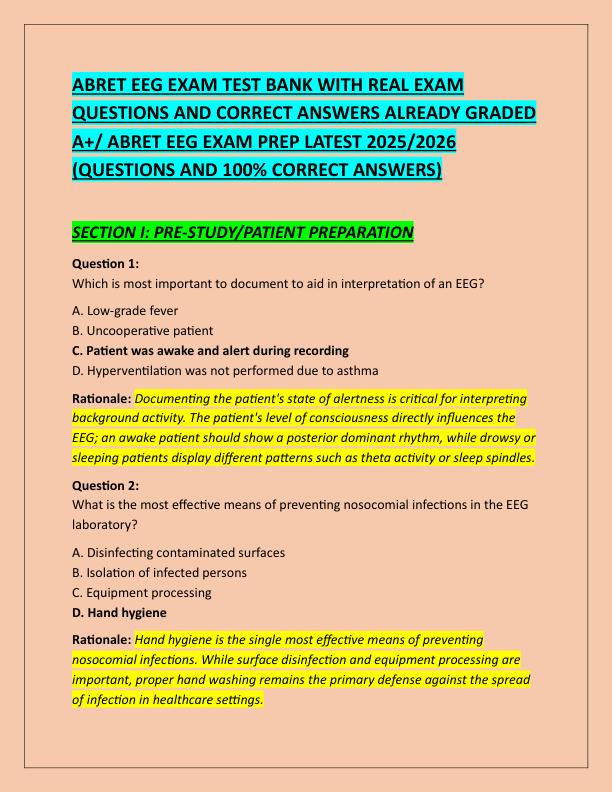 ABRET EEG EXAM TEST BANK WITH REAL EXAM QUESTIONS AND CORRECT ANSWERS ALREADY GRADED A