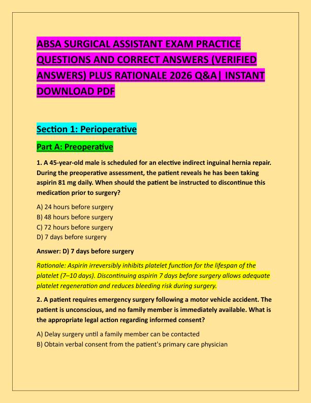ABSA SURGICAL ASSISTANT EXAM PRACTICE QUESTIONS AND CORRECT ANSWERS