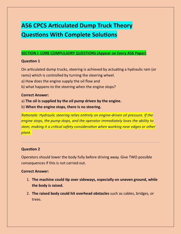 A56 CPCS Articulated Dump Truck Theory Questions With Complete Solutions