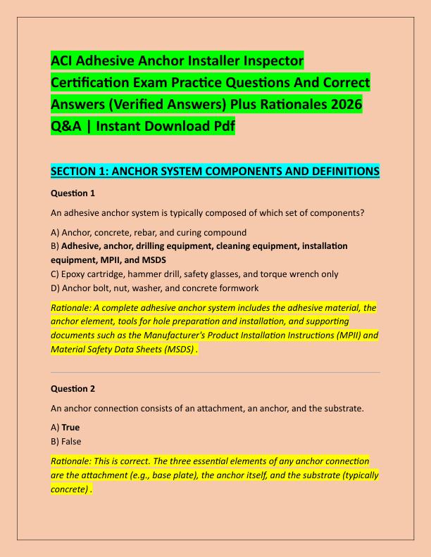 ACI Adhesive Anchor Installer Inspector Certification Exam Practice Questions And Correct Answers