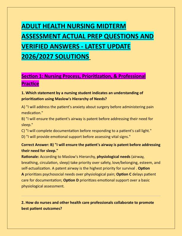 ADULT HEALTH NURSING MIDTERM ASSESSMENT ACTUAL PREP QUESTIONS AND VERIFIED ANSWERS