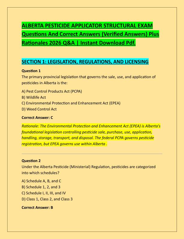 ALBERTA PESTICIDE APPLICATOR STRUCTURAL EXAM Questions And Correct Answers