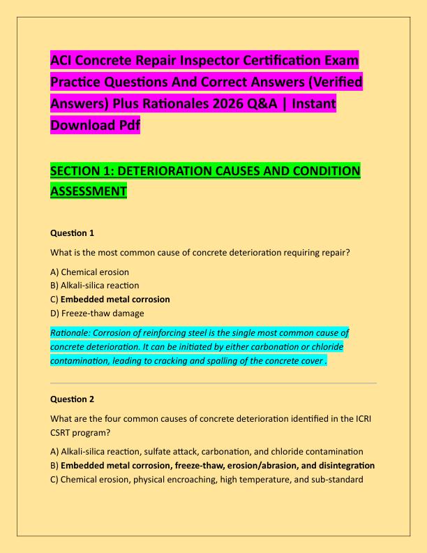 ACI Concrete Repair Inspector Certification Exam Practice Questions And Correct Answers