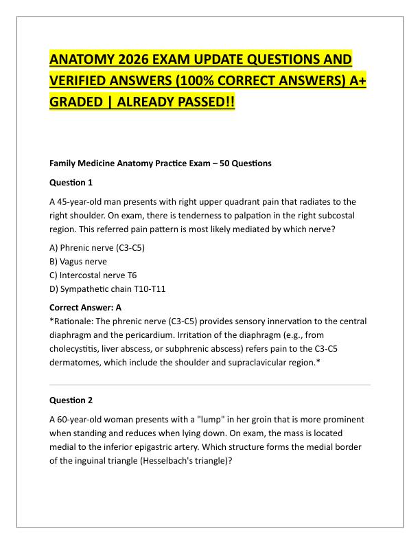 ANATOMY 2026 EXAM UPDATE QUESTIONS AND VERIFIED ANSWERS