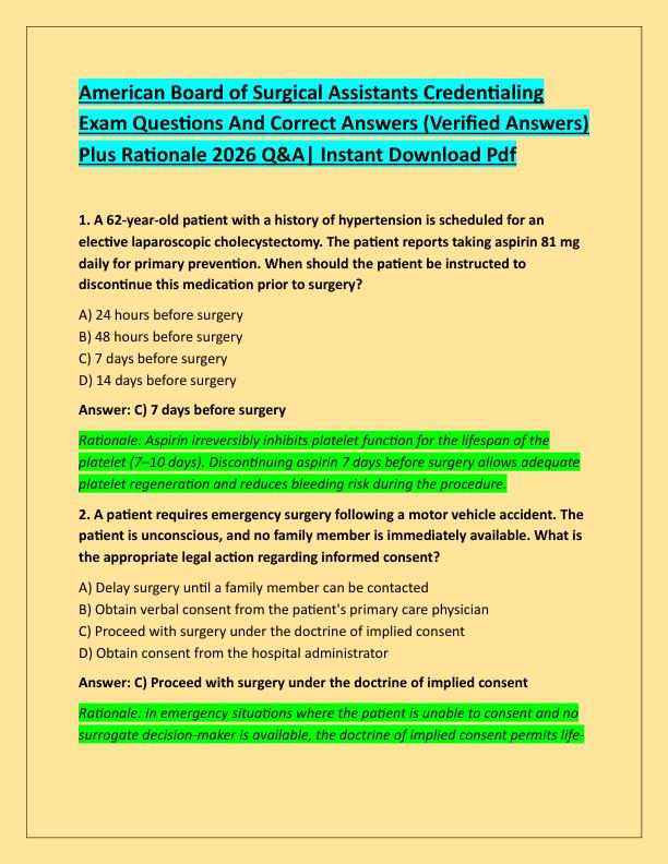 American Board of Surgical Assistants Credentialing Exam Questions And Correct Answers